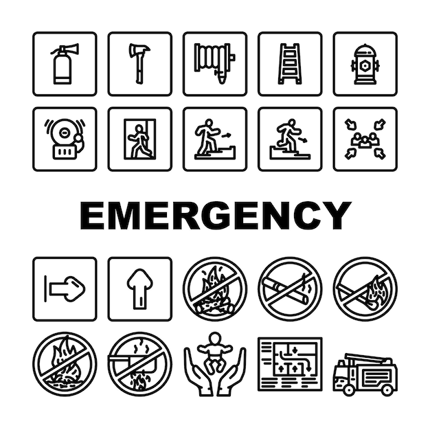 sortie de secours d'urgence icônes d'évacuation de sécurité ensemble vecteur bâtiment vert sauvetage rouge signal d'évacuation avertissement danger équipement risque d'échelle sortie de secours d'urgence sécurité évasion illustrations de contour noir