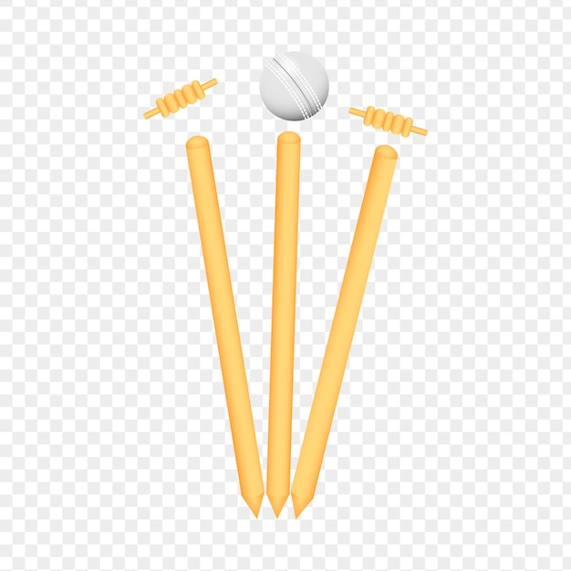 Vecteur des souches de wicket de cricket avec une balle volante sur un fond transparent