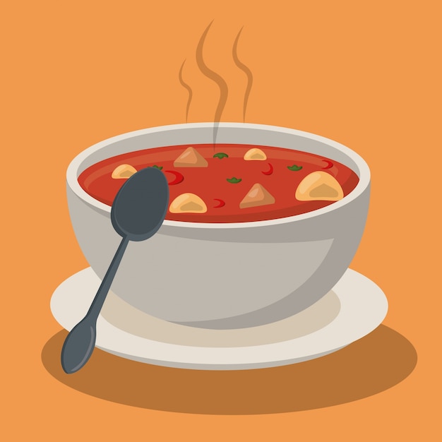 Vecteur soupe chaude, pâtes, légumes, bol, plat, cuillère
