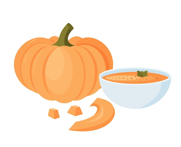 Soupe à La Crème De Citrouille Dans Un Bol Et Une Partie De Citrouile Vecteur Alimentaire Traditionnel De Thanksgiving Illustration Sur Fond Blanc