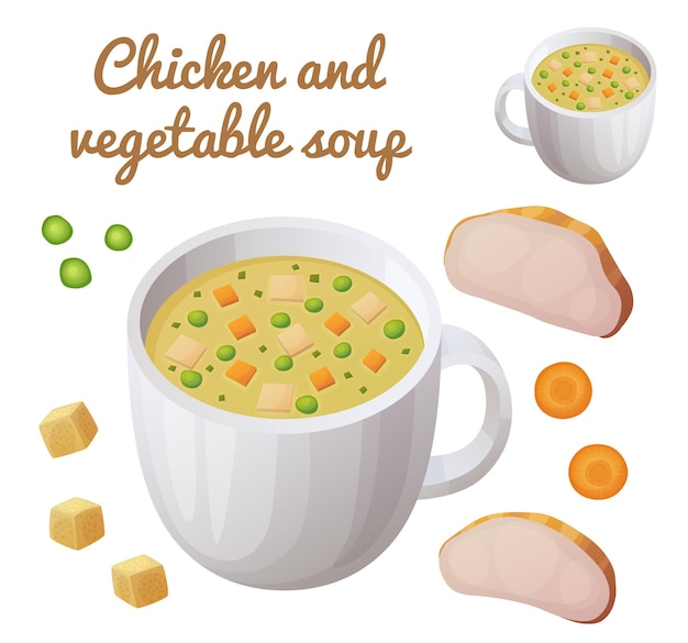 Soupe De Légumes De Poulet Dans Une Tasse D'icône De Dessin Animé Avec De La Viande De Poulet, Des Pois Verts, Des Carottes Et Des Cubes.