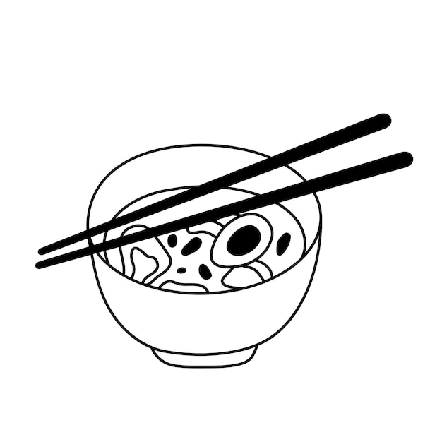 Soupe Miso Japonaise Traditionnelle Avec Des Nouilles Et Des Baguettes Illustration De Doodle Simple Esquisse à L'encre De Cuisine Asiatique Isolée Sur Blanc