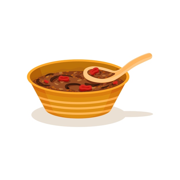 Soupe traditionnelle malaisienne dans un bol d'orange avec cuillère Plat asiatique délicieux Nourriture pour le dîner Thème de cuisson Élément graphique pour le menu du café Illustration vectorielle plate colorée isolée sur fond blanc