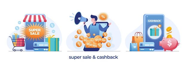 Souper Vente Et Cashback Shopping En Ligne Coupon Marketing Stratégie Promo Illustration Plate Conception Vectorielle