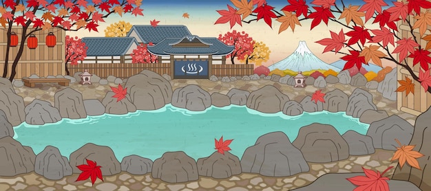 Source chaude japonaise de style ukiyo-e entourée de feuilles d'érable