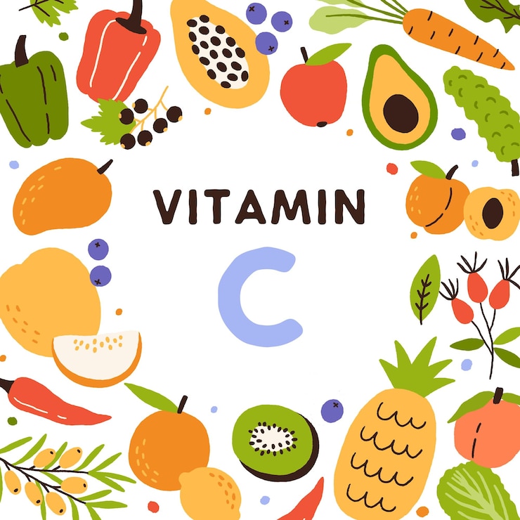 Vecteur sources alimentaires de vitamine c cadre d'antioxydants naturels agrumes fruits et légumes enrichis en acide ascorbique carte avec un citron sain kiwi avocato ananas illustration vectorielle plate colorée