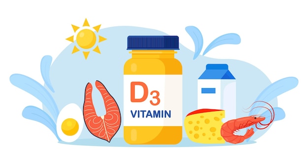 Sources De Vitamine D. Aliment Enrichi En Cholécalciférol. Produits Laitiers, Poissons Gras, Fromages, Crevettes Et œufs. Nutrition Diététique Biologique. Compléments Alimentaires Et Bains De Soleil Pour Réduire Les Carences