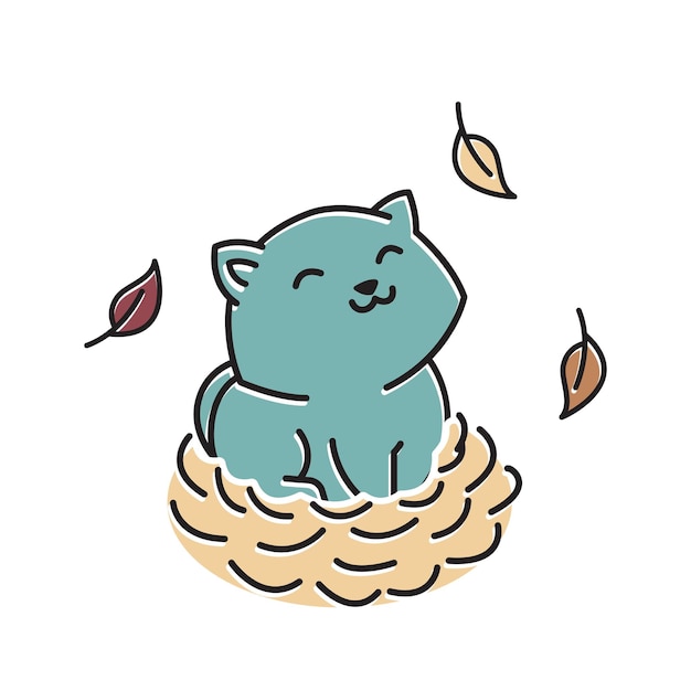 Souriant Mignon Petit Chat Chaton Nid Automne Automne Saison Dessin Animé