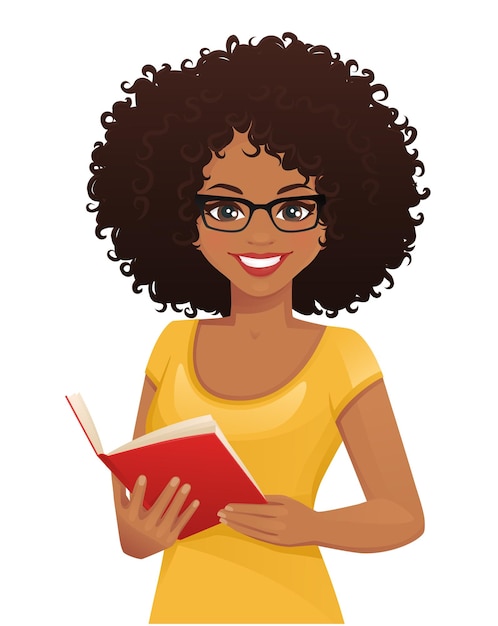 Vecteur souriante belle femme avec une coiffure afro tenant livre isolé illustration vectorielle