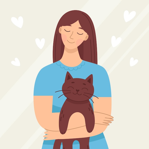 Souriante Jeune Femme Avec Un Chat, Animal De Compagnie. Amour Et Amitié Avec Les Animaux. Clinique Vétérinaire. Illustration Vectorielle En Style Cartoon