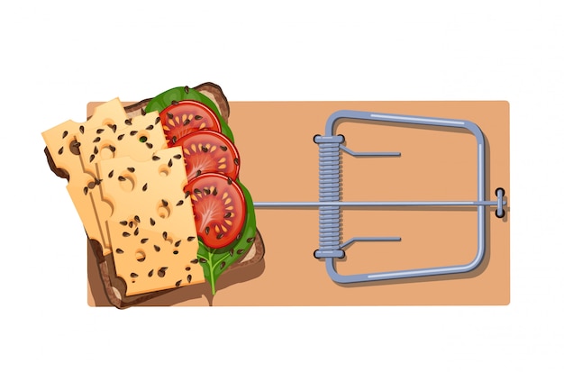 Une souricière plate en bois avec un sandwich au fromage