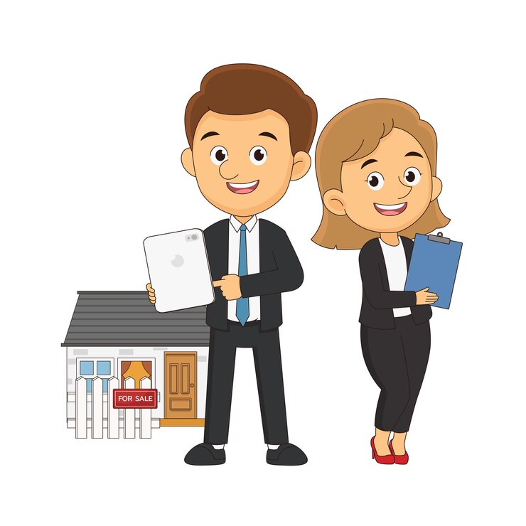 Vecteur sourire agent agent immobilier homme caractère présent nouvelle maison maison vendre louer