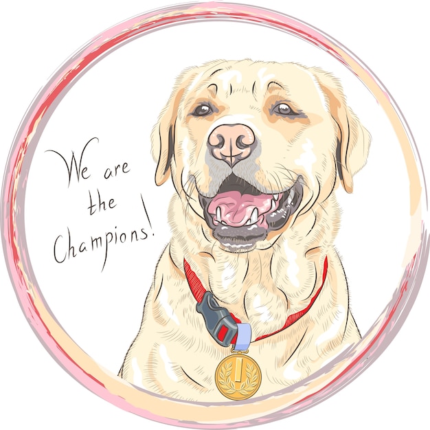 Sourire De Chien Jaune Heureux. Champion De Race De Chien Labrador Retriever Dans Le Cadre Rond. Graphiques De T-shirt. Impression De Chien.