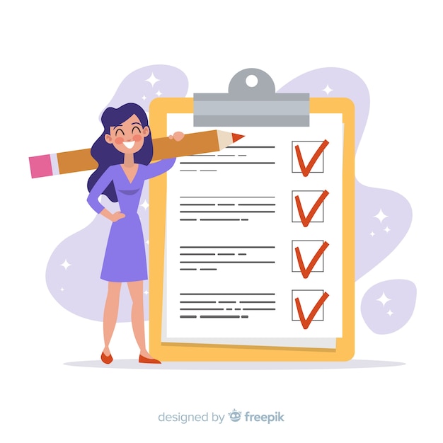 Sourire femme vérifiant fond de liste de contrôle géant
