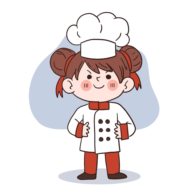 Sourire Heureux Petite Fille Chefkid Cuisine Conceptdoodle Illustration Vectorielle Dessinés à La Main