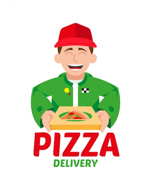 Sourire Mignon Heureux Jeune Livreur De Pizza Qui Garde La Boîte Fermée Avec Une Grosse Pizza Chaude Et Appétissante Style Moderne Illustration Personnage De Dessin Animé Isolé Fond Blanc Concept De Livraison De Pizza