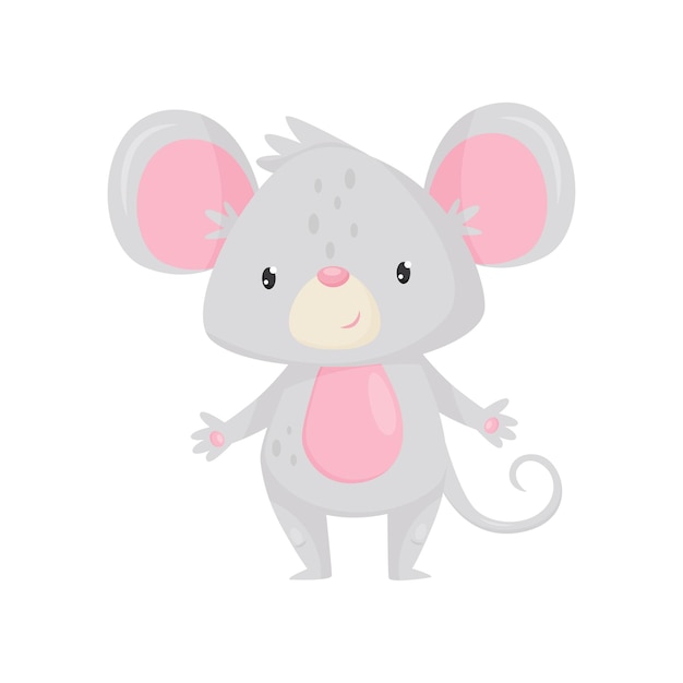 Une souris adorable avec des yeux brillants, un rongeur de dessin animé avec un ventre rose, de grandes oreilles et une longue queue.
