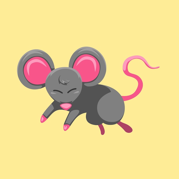 Une Souris Aux Oreilles Roses Dort Sur Fond Jaune.