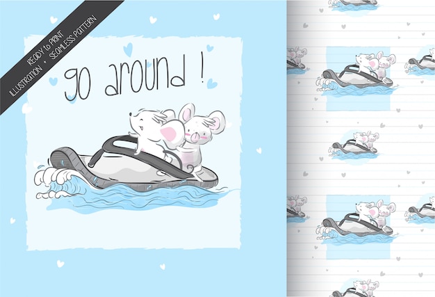 Souris De Bébé Dessin Animé Heureux, Surfant Avec Motif Transparent