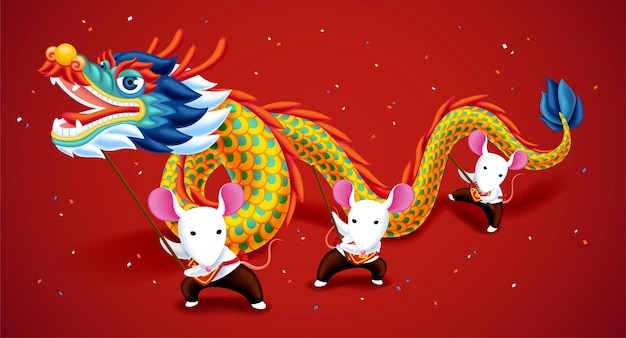 Vecteur souris blanches mignonnes jouant la danse du dragon pour l'année lunaire sur fond rouge