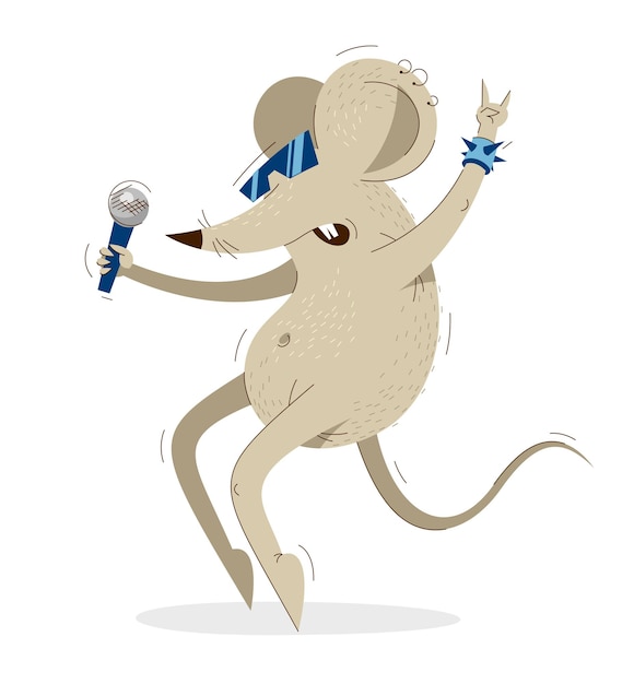 Souris De Dessin Animé Drôle Chantant Avec Un Microphone Comme Une Illustration Vectorielle Rock Ou Pop Star, Thème De Passe-temps De Karaoké De Musique, Dessin Animé De Rat Humoristique.