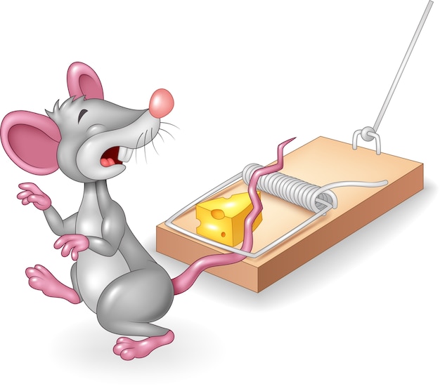 Vecteur souris de dessin animé triste exposée au fromage gratuit dans une souricière