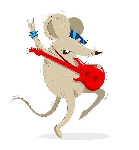 La souris drôle de bande dessinée joue de la guitare électrique comme une illustration vectorielle de rock star, un thème de passe-temps musical, une bande dessinée humoristique de rat.