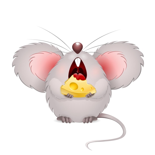 Souris Drôle De Dessin Animé Affamé Avec La Bouche Ouverte Et Le Fromage Dans Ses Pattes