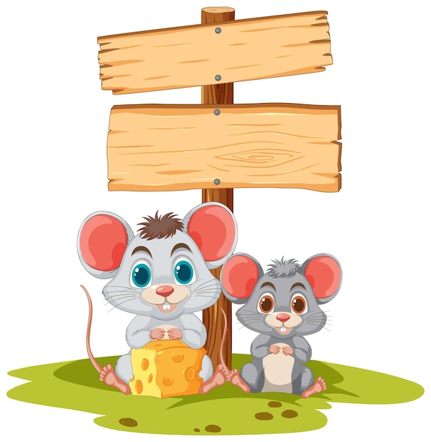Des souris joyeuses avec un panneau de signalisation en bois