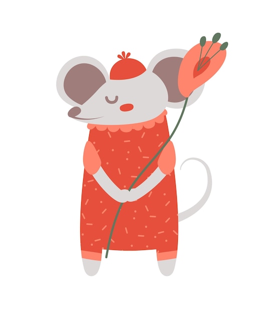 Souris Kawaii Heureuse, Debout Avec Une Fleur Dans Les Pattes. Animal Mignon De Dessin Animé Pour Carte De Bébé Et Invitation.