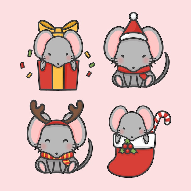 Souris Mignonne Définie Costume Vecteur De Dessin Animé Dessiné Main Noël