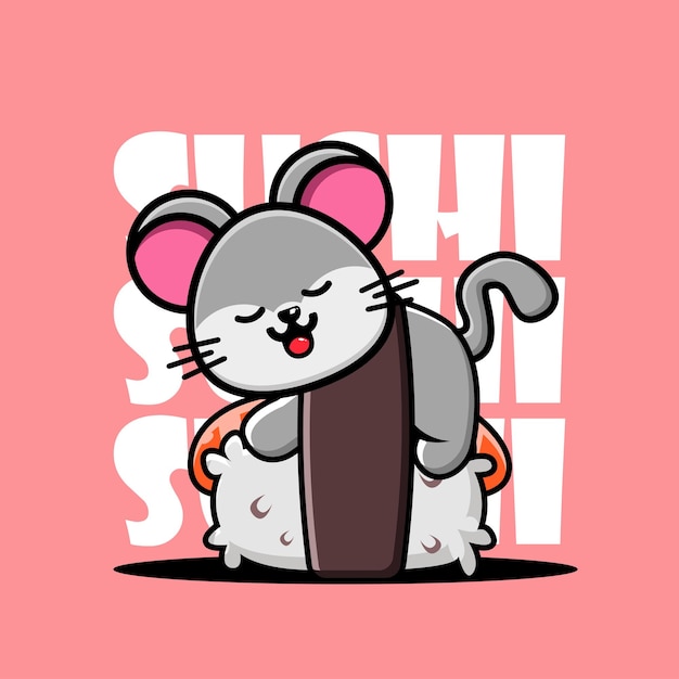 Vecteur souris mignonne dormant sur des sushis