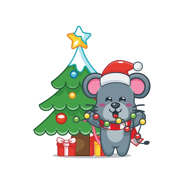 Souris Mignonne Le Jour De Noël Tenant Une Lampe De Noël Illustration De Dessin Animé De Noël Mignon