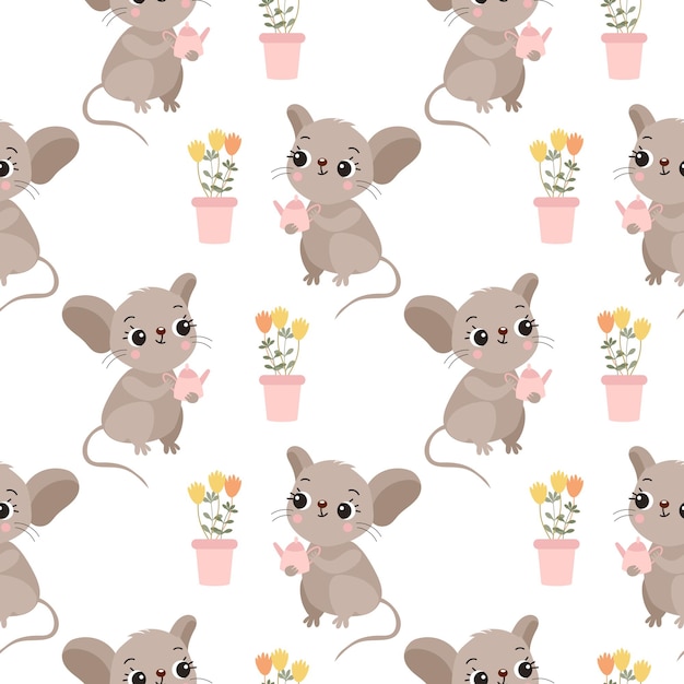 Vecteur souris mignonnes de modèle sans couture avec un arrosoir et des pots de fleurs sur un fond blanc