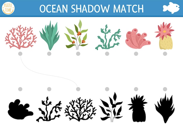 Sous L'ombre De La Mer Activité De Correspondance Puzzle De L'océan Avec De Mignons Algues Trouvez La Silhouette Correcte Feuille D'exercice Ou De Jeu Imprimable Page De Plantes Aquatiques Pour Enfantsxa