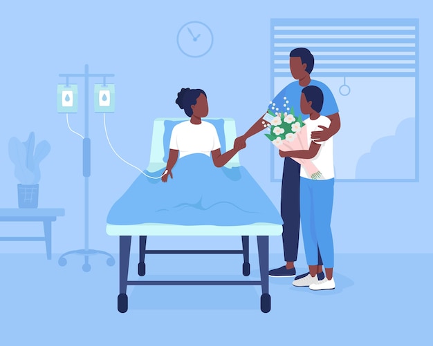 Soutien familial pendant l'hospitalisation illustration vectorielle de couleur plate. Chambre des patients à la clinique. Père et frère visitant des personnages de dessins animés 2D de jeune fille avec un environnement hospitalier en arrière-plan