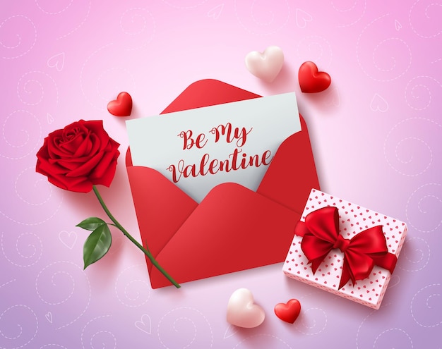 Soyez ma conception de vecteur de carte de voeux valentines avec lettre d'amour rouge rose cadeau et éléments coeurs