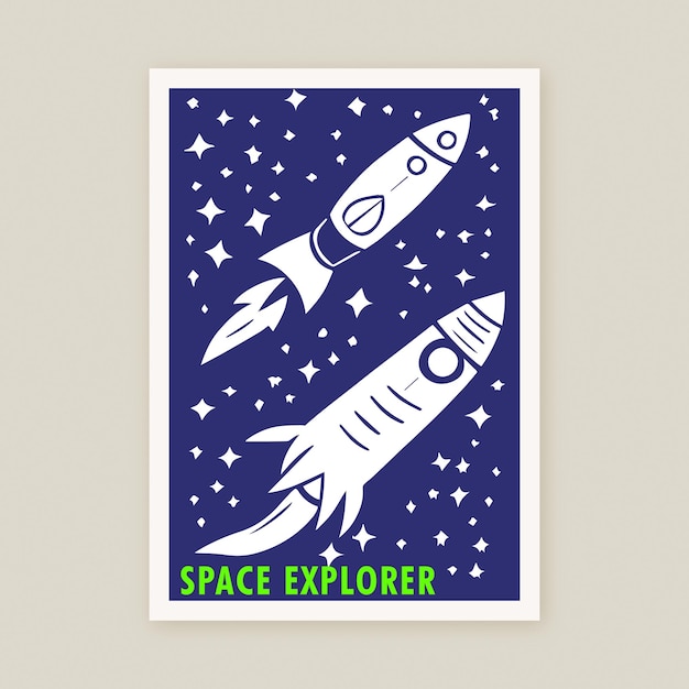 Space Explorer Cosmos Exploration Rocketship Spaceship Illustration Univers Poster Print