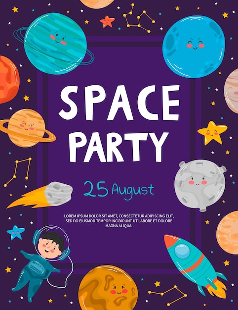 Space Party Cartoon Flyers Invitation à Un Spectacle Musical Avec Astronaute Dj Avec Platine Dans Un Espace Ouvert Spaceman Mélangeant Des Sons Techno Cosmos Galaxie Affiches Boissons Gratuites Et Parking Illustration Vectorielle