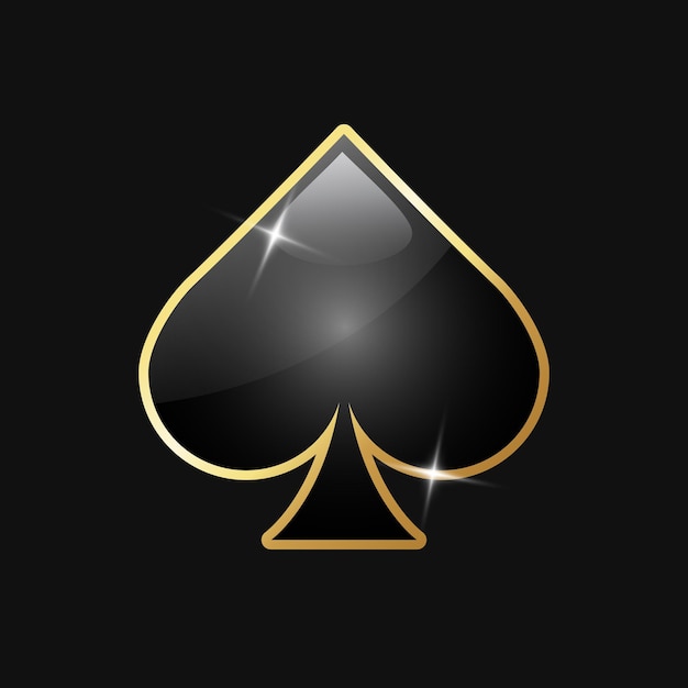 Spade en costume de carte brillant avec un cadre doré et des étincelles isolées sur un fond sombre