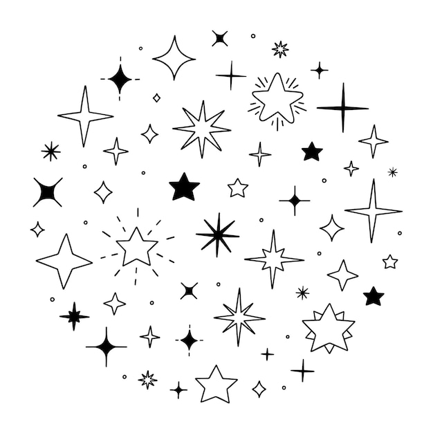 Vecteur sparkles and twinkling stars doodle set hand drawn glitter éclater étoile filante étoile filante feu d'artifice étincelle magique