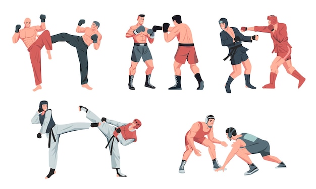 Vecteur sparring personnages compétitifs d'arts martiaux combattant la boxe et entraînant des athlètes musclés dans le style de dessin animé d'entraînement de combat de position de combat ensemble vectoriel