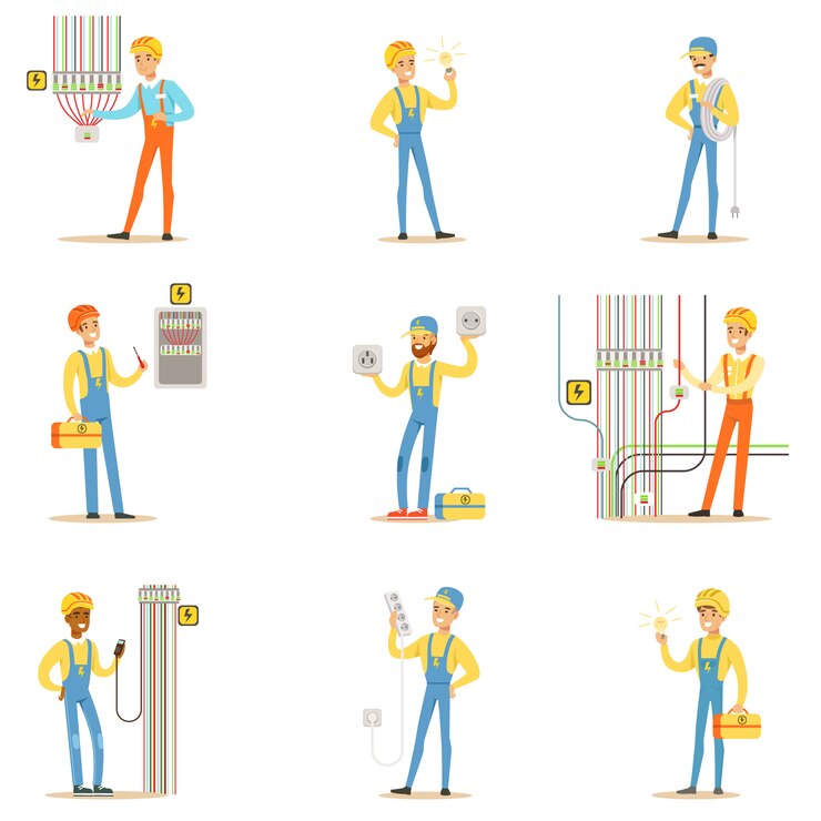 Vecteur spécialiste électricien avec des fils électriques au travail faisant des réparations wireman ensemble de scènes de personnage de dessin animé
