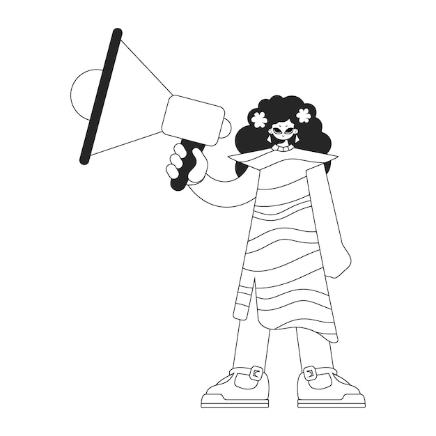 Vecteur spécialiste des ressources humaines compétente femme tenant un mégaphone dans ses mains sujet des ressources humaines style journal noir et blanc