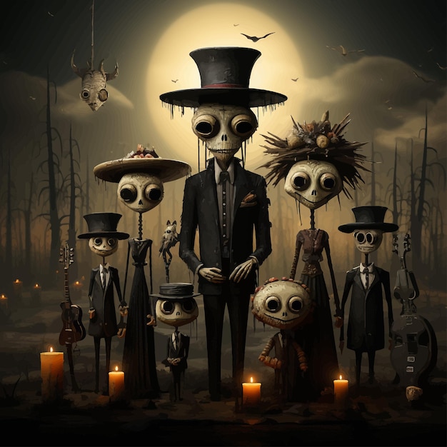 Vecteur le spectacle effrayant de tim burton inspiré du jour de la famille des squelettes morts