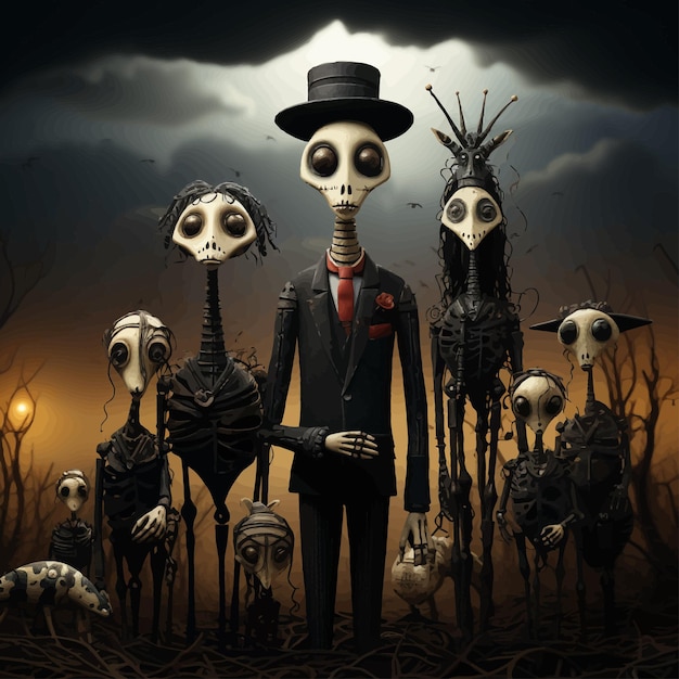 Vecteur le spectacle effrayant de tim burton inspiré du jour de la famille des squelettes morts