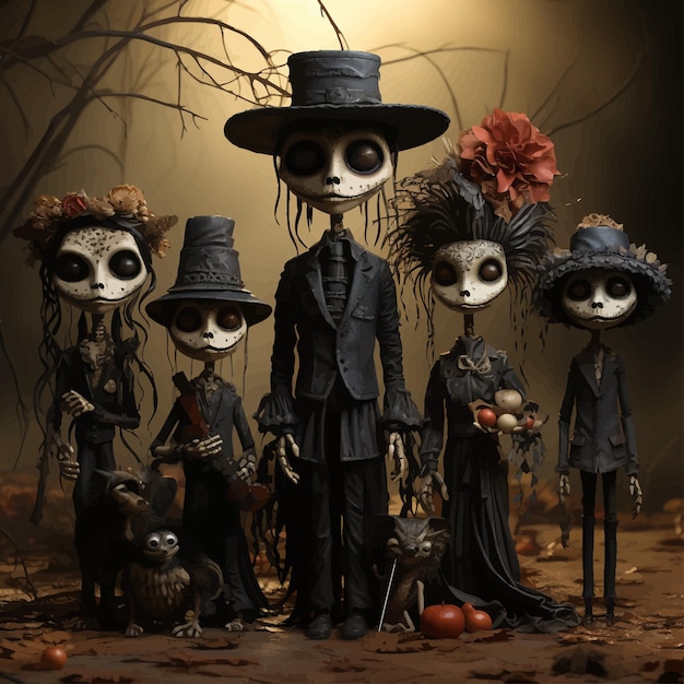 Vecteur le spectacle effrayant de tim burton inspiré du jour de la famille des squelettes morts