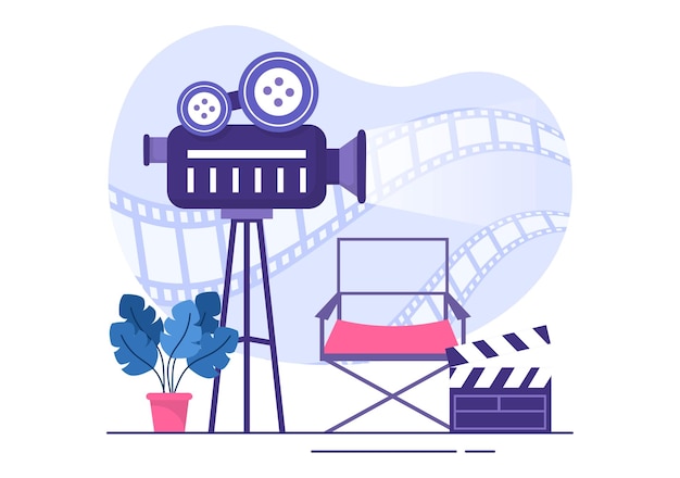 Spectacle de première de film ou cinéma avec caméra Popcorn Clap Film Tape and Reel in Flat Design Background Illustration