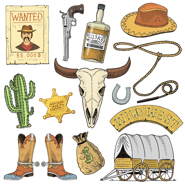 Spectacle de rodéo du Far west cowboy ou indiens avec chapeau de lasso et cactus de pistolet avec étoile de shérif et botte de bison avec fer à cheval et affiche recherchée gravée à la main dessinée dans un vieux croquis ou un style vintage