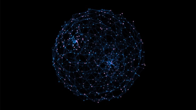 Sphère bleue abstraite sur fond noir Structure circulaire en fil de fer avec des particules lumineuses Illustration numérique futuriste Illustration vectorielle